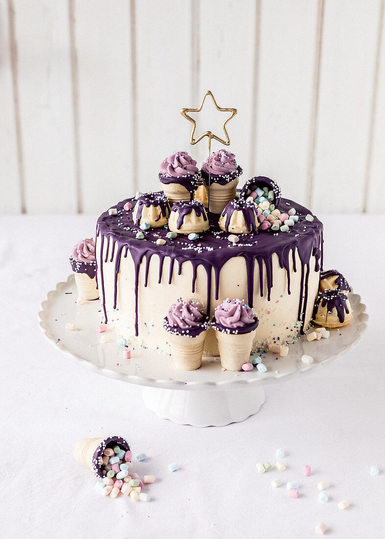 A purple drip cake