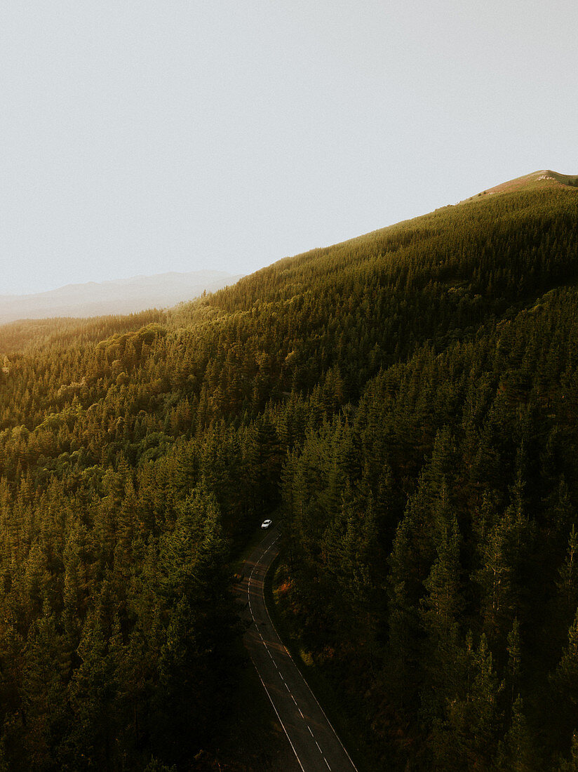 Road running over wooded hills with view of distant landscape