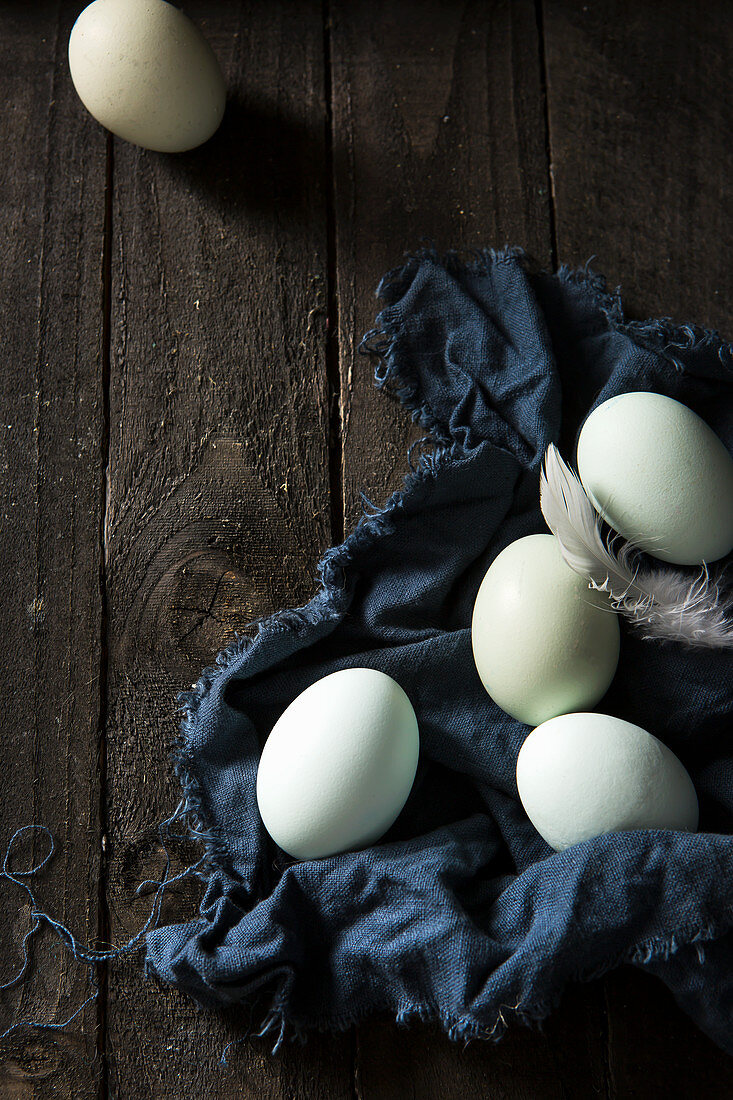 Blue eggs in a dark rustic setting