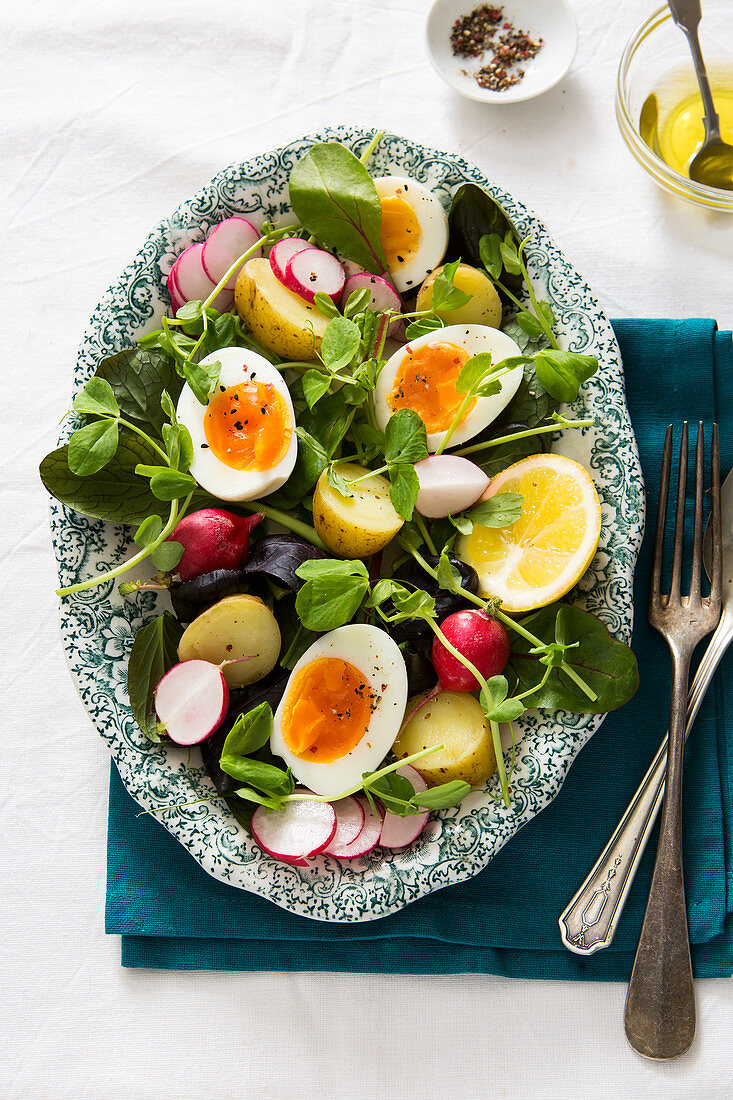Frühlingssalat mit Kartoffeln, Radieschen und weichem Ei