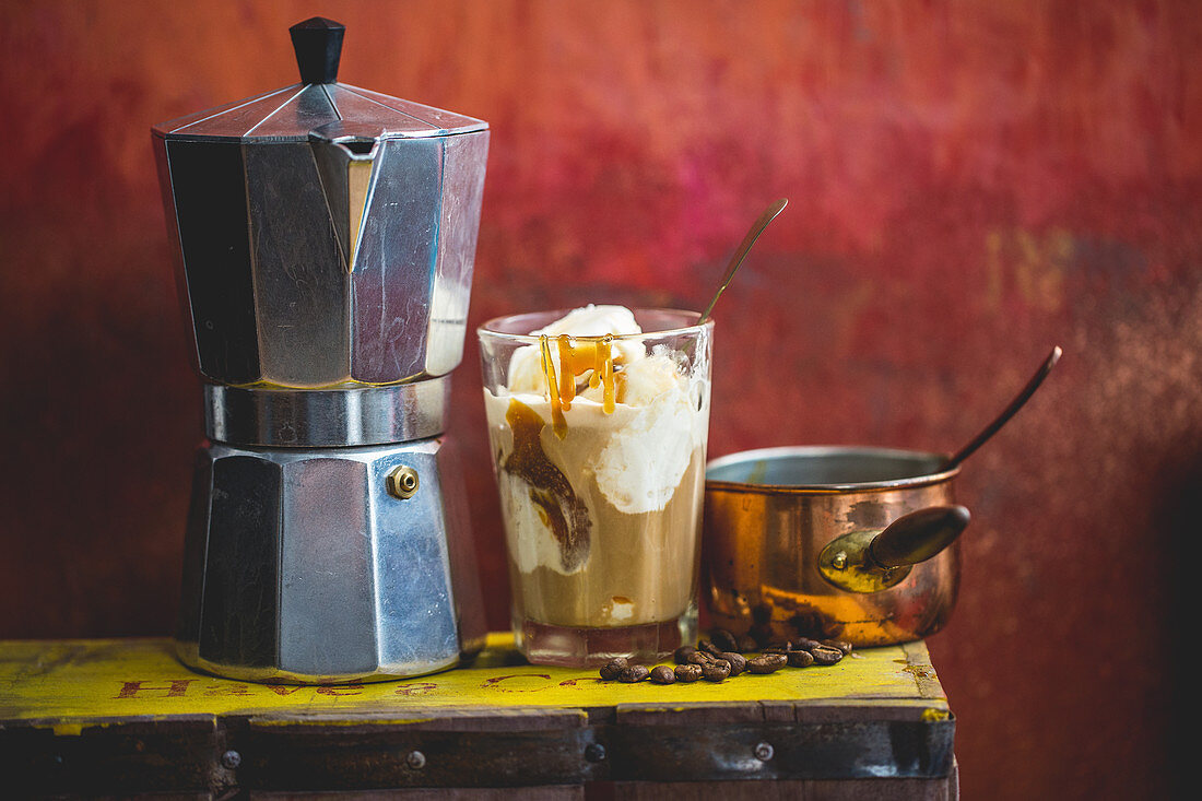 Affogato with caramel sauce