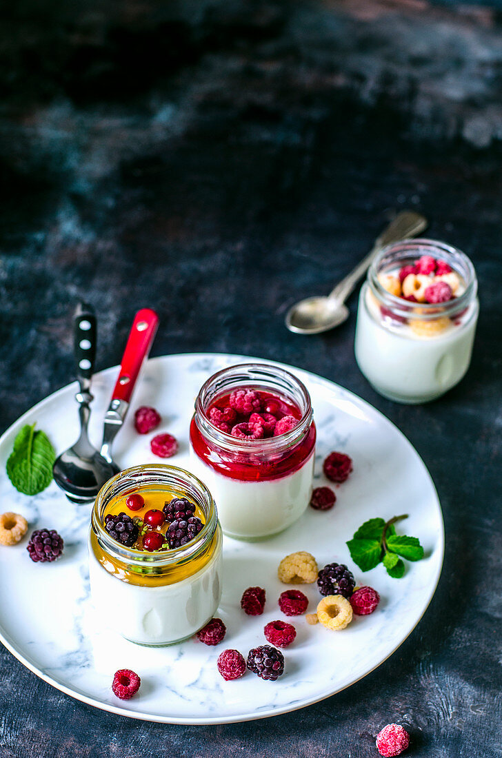 Homemade yogurt in jars with different fillings