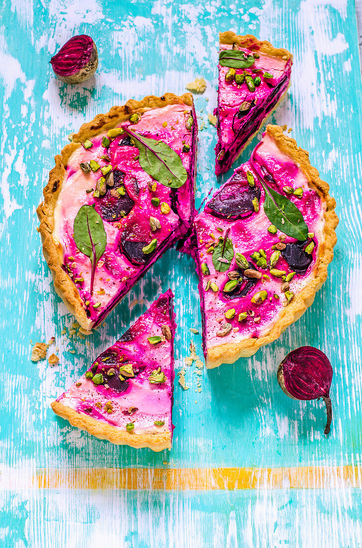 Sand tart with beets and feta and pistachios