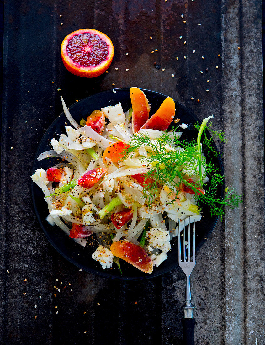 Fennel salad with feta, blood oranges and sesame