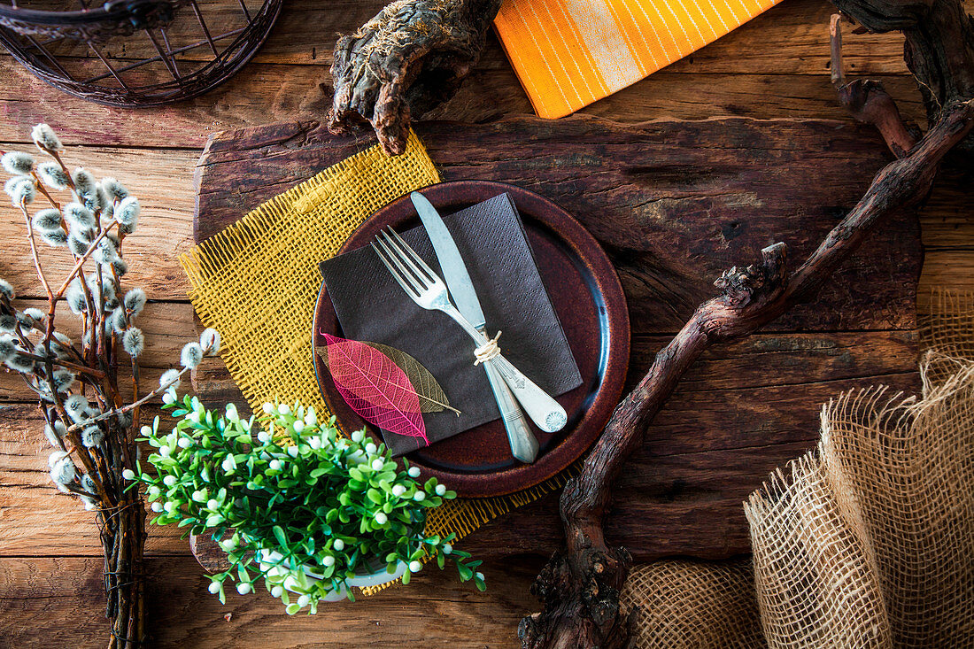 Rustikaler Frühlingstisch mit Weidenkätzchen und knorrigen Ästen