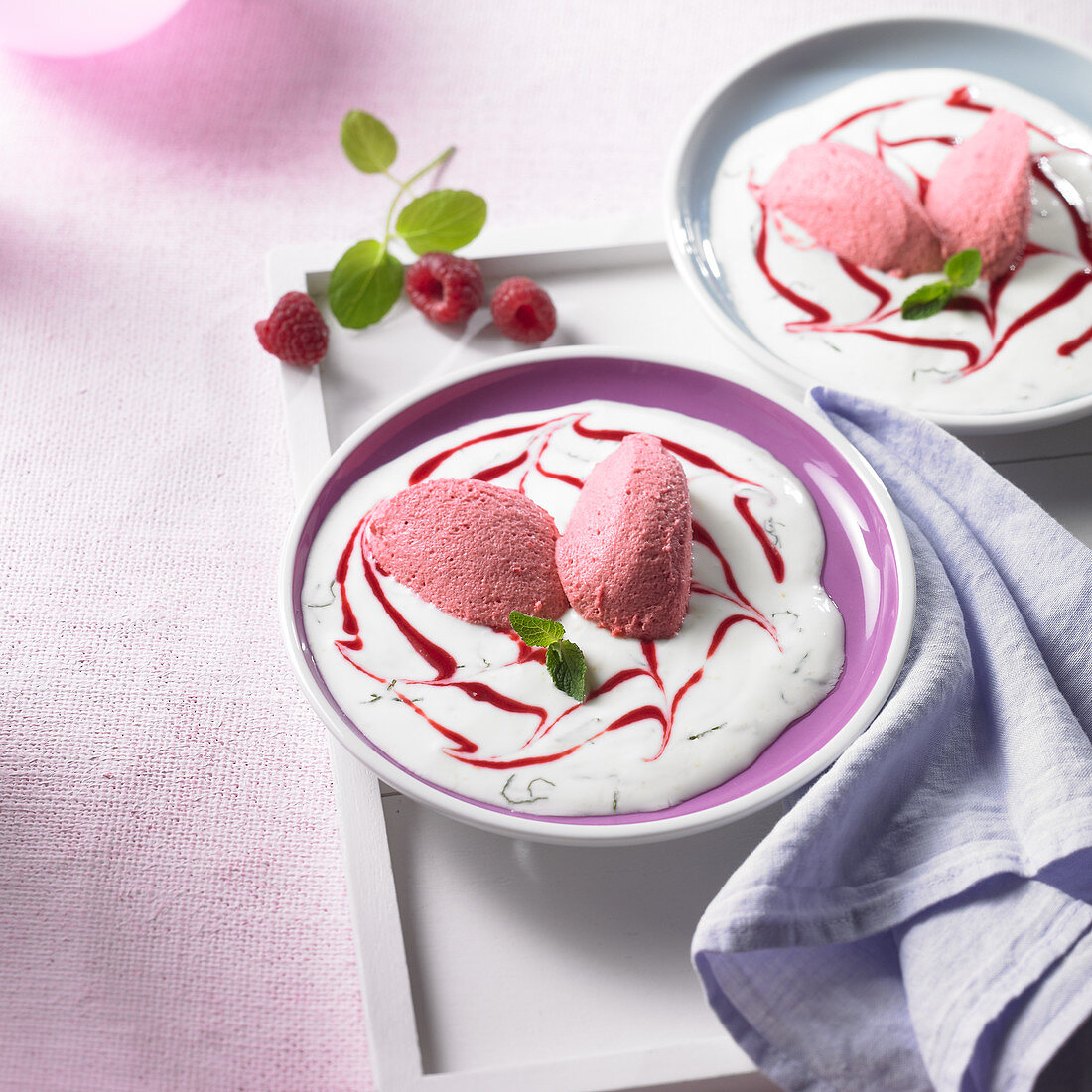 Champagne and raspberry mousse on a mint and yoghurt sauce with raspberry purée