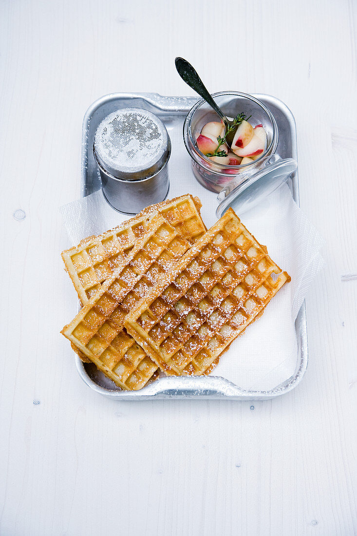 Crunchy waffles with peach compote