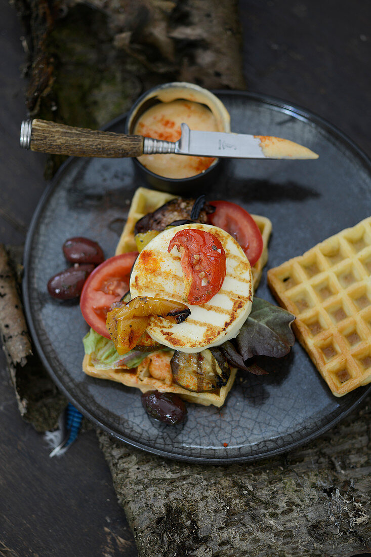Waffles with Camembert and tomatoes