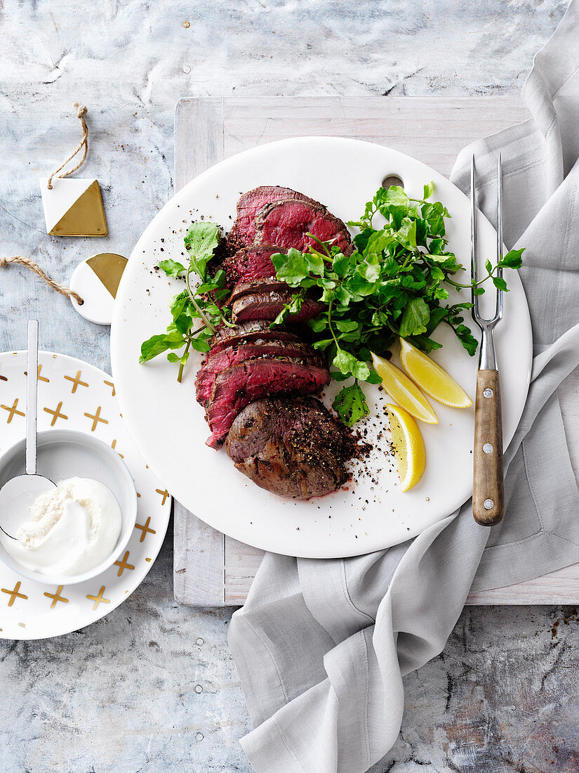 Pink Peppered Beef Fillet with Horseradish Cream