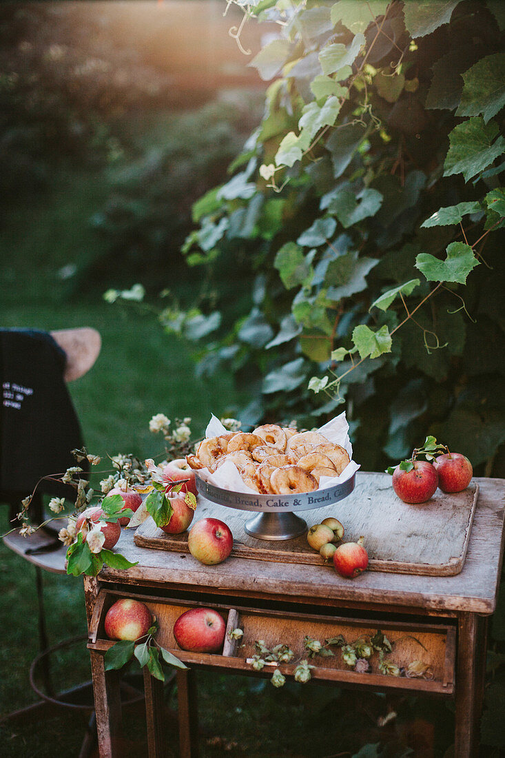 Äpfel und gebackene Apfelringe auf nostalgischem Holztisch im Garten