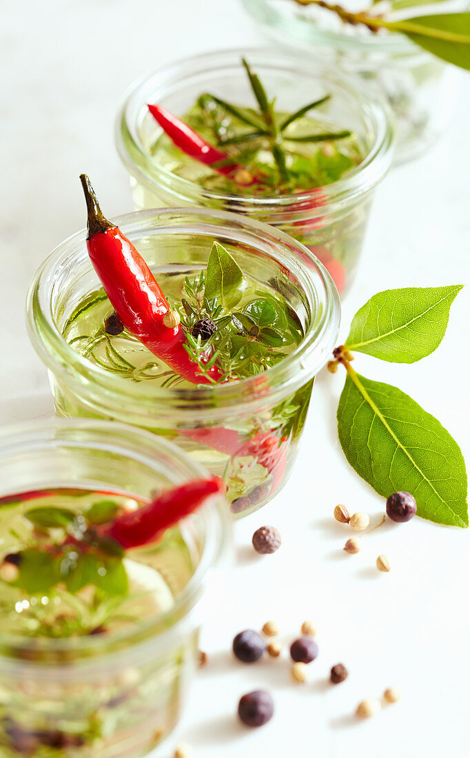 Aromatic herb oil with fresh red chillis in preserving jars