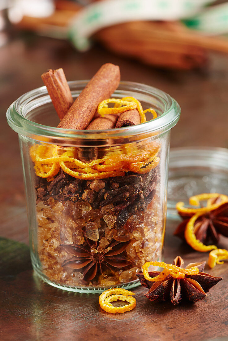 Homemade mulled wine spice mix in a glass