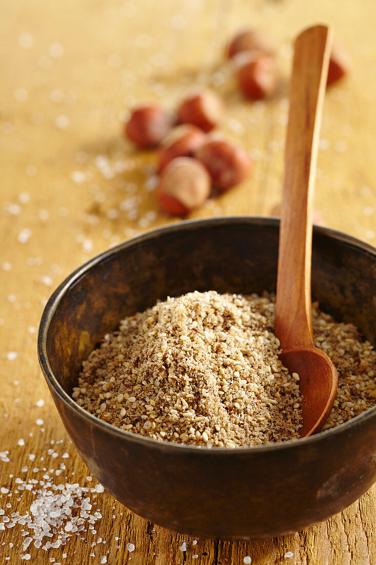 Homemade dukkah (North African spice mixture with nuts)