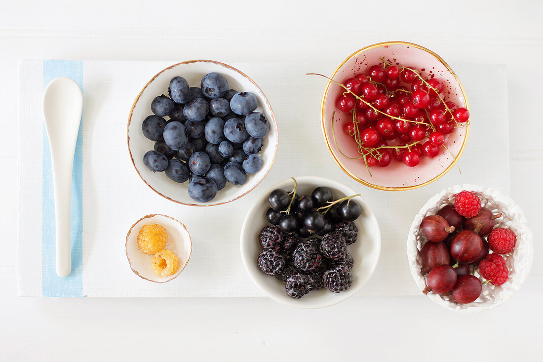 Bowls with garden berries - raspberries, blueberries, blackcurrants, redcurrants and gooseberries