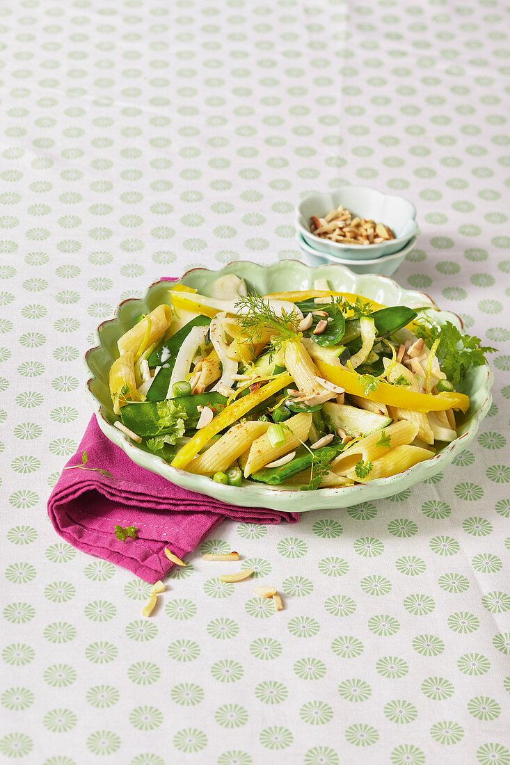 Penne Primavera with peppers, fennel and mangetout