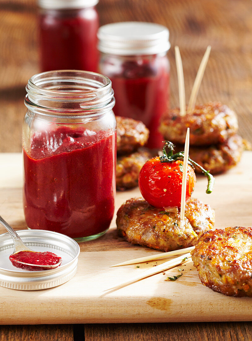 Homemade beetroot ketchup served with wild boar cakes
