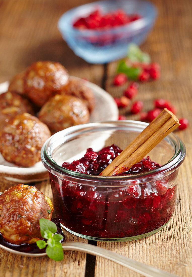 Homemade cranberry ketchup with venison meatballs