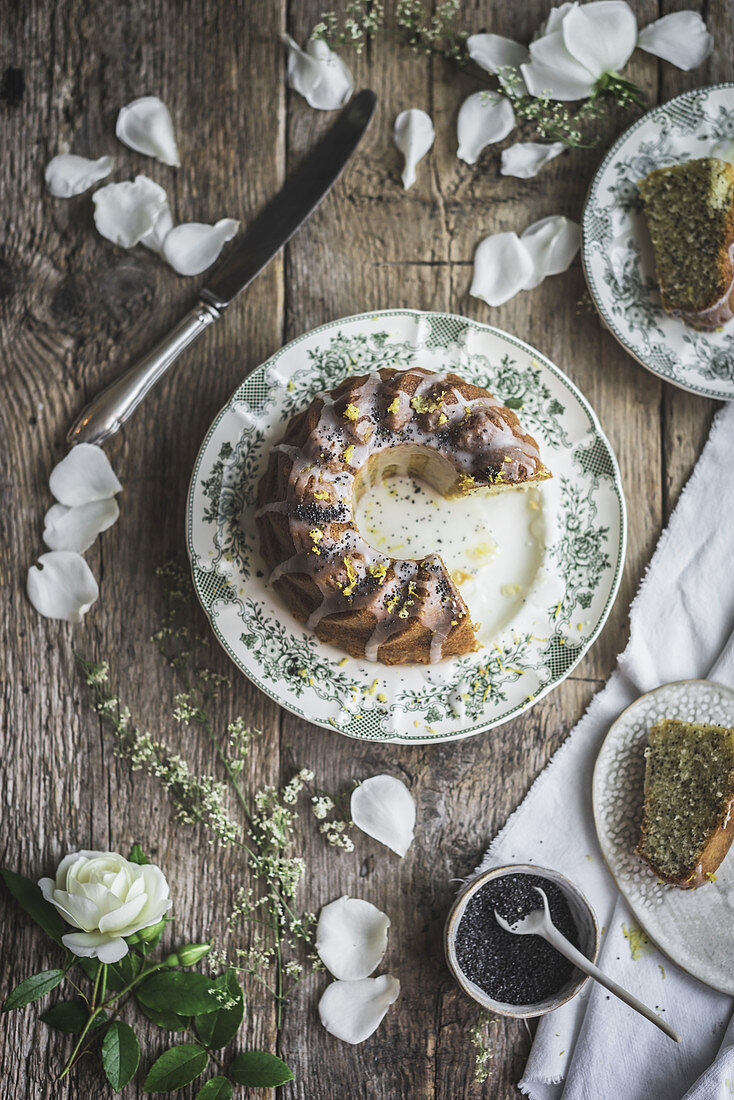 Tasty poppy seed cake on plate