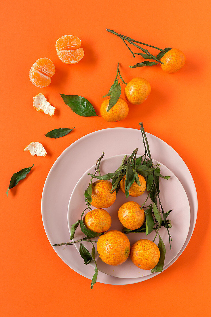 Fresh tangerines in season on orange background