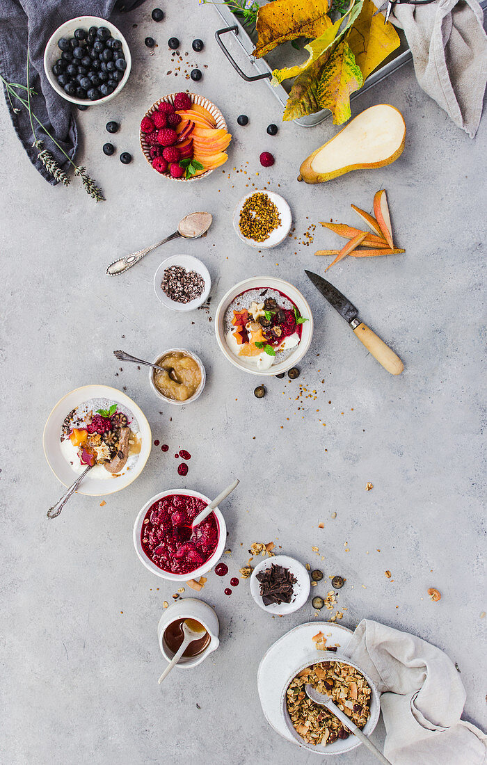 Chiapudding mit Joghurt und Früchten, Müsli und Zutaten auf Tisch