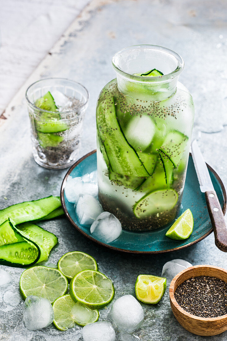 Cucumber lime and chia iced water