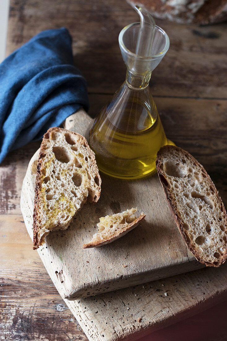 Pieces of wholegrain bread with oil