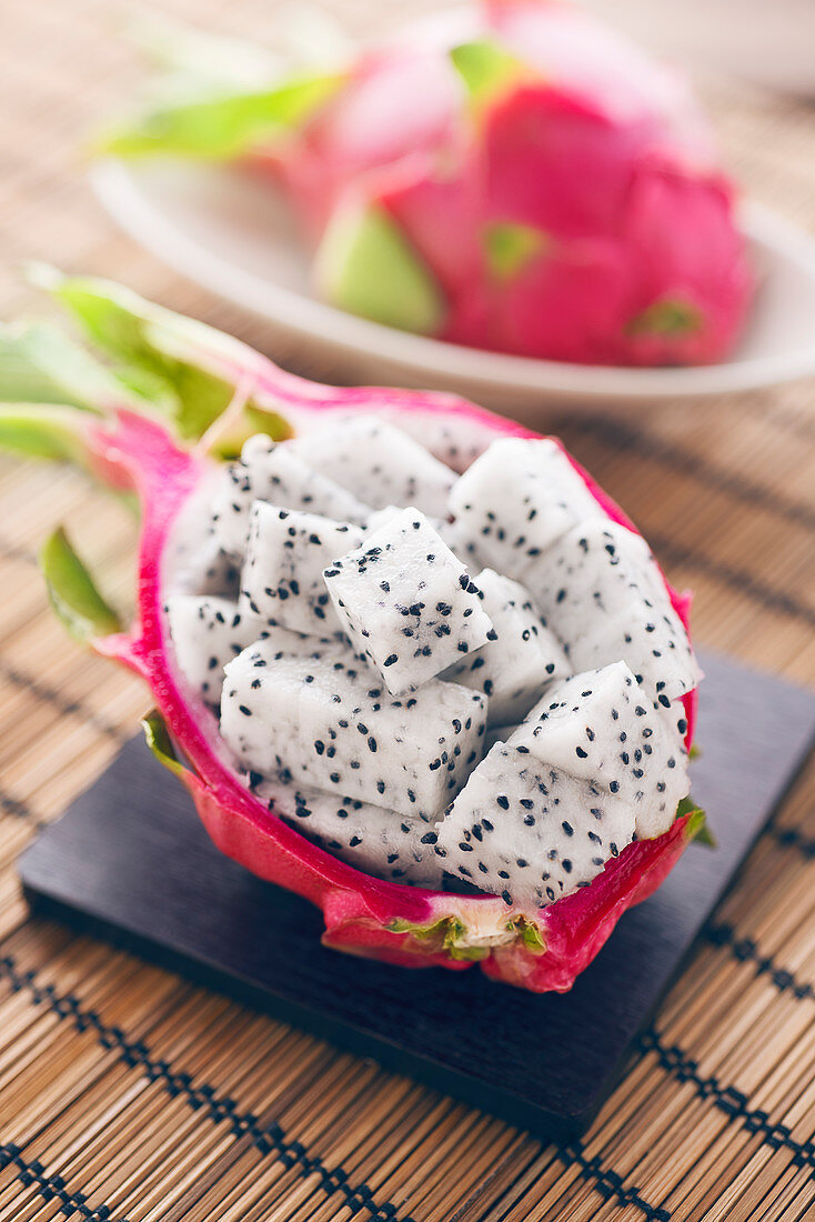 Diced dragon fruit in the skin