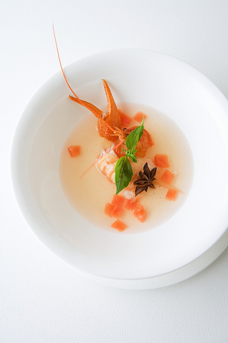 Ice cold tomato consommé with crayfish