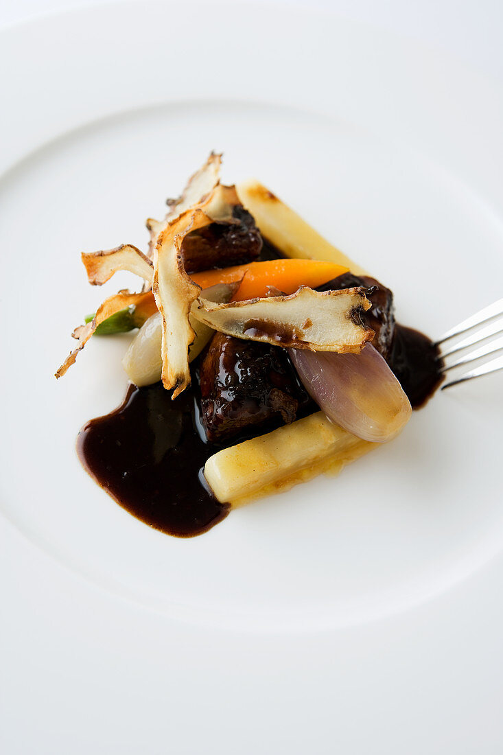 Calf's liver in balsamic sauce with stewed root vegetables