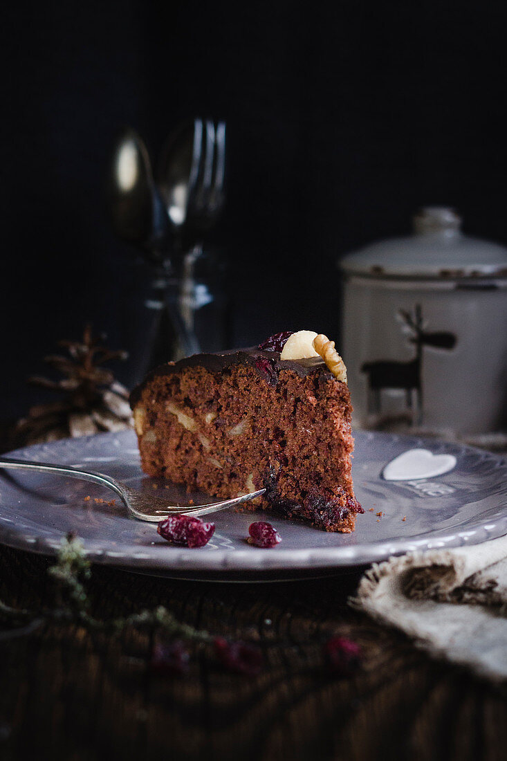A piece of autumnal cranberry chocolate cake with nuts