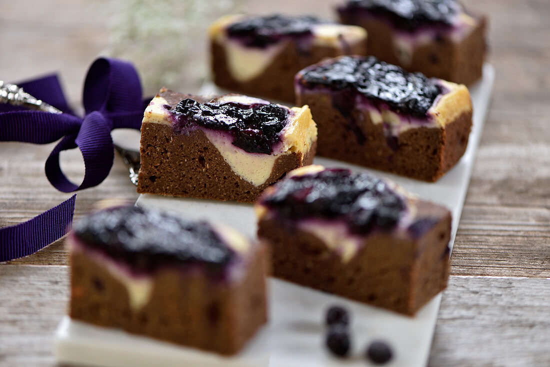 Vegan sweet potato and cheesecake brownies with blueberries