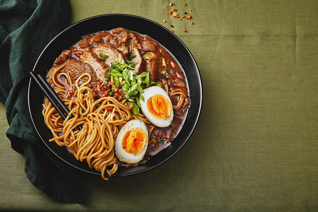 Ramen with pork belly, mushrooms and marinated eggs