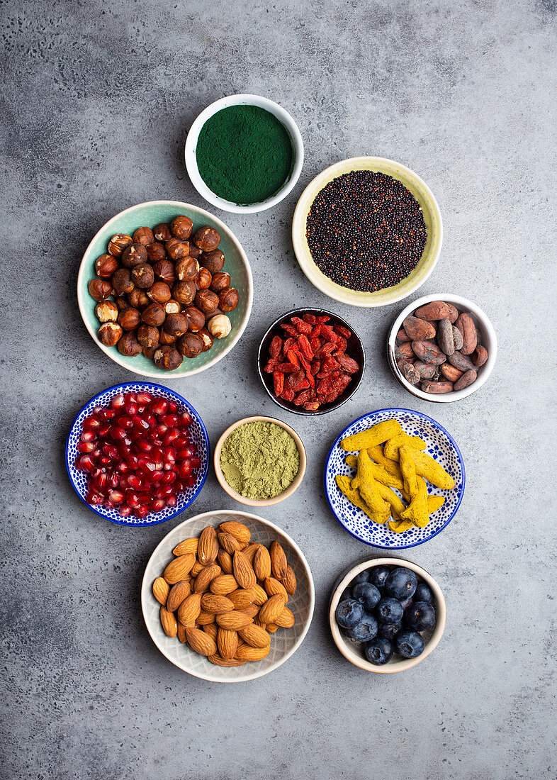 Set of different superfoods in bowls on stone gray background