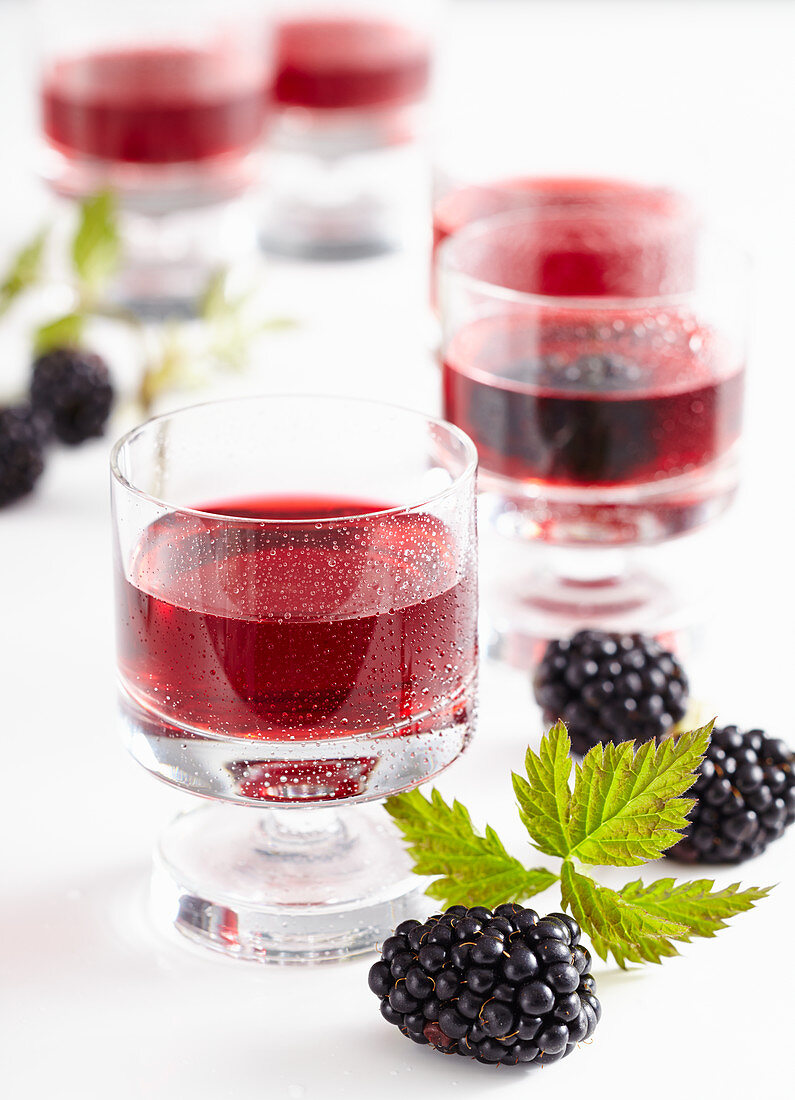 Selbstgemachter Brombeer-Vanille-Likör mit frischen Beeren in Gläsern