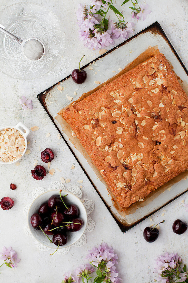 Gluten Free Cherry and Almond Sponge Traybake Cake