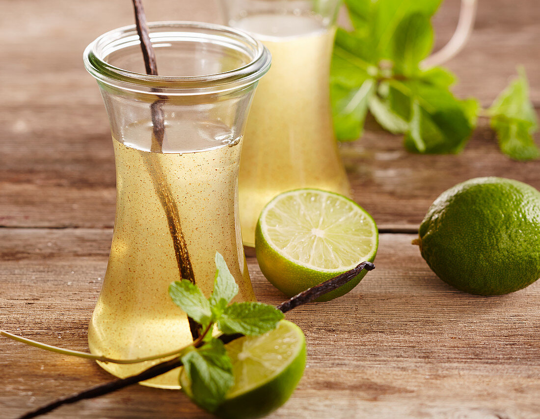 Homemade lime mint syrup with vanilla