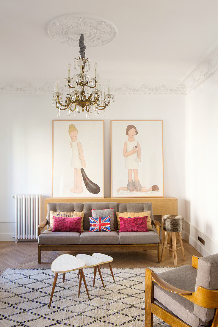 Elegant lounge with stucco details in period apartment