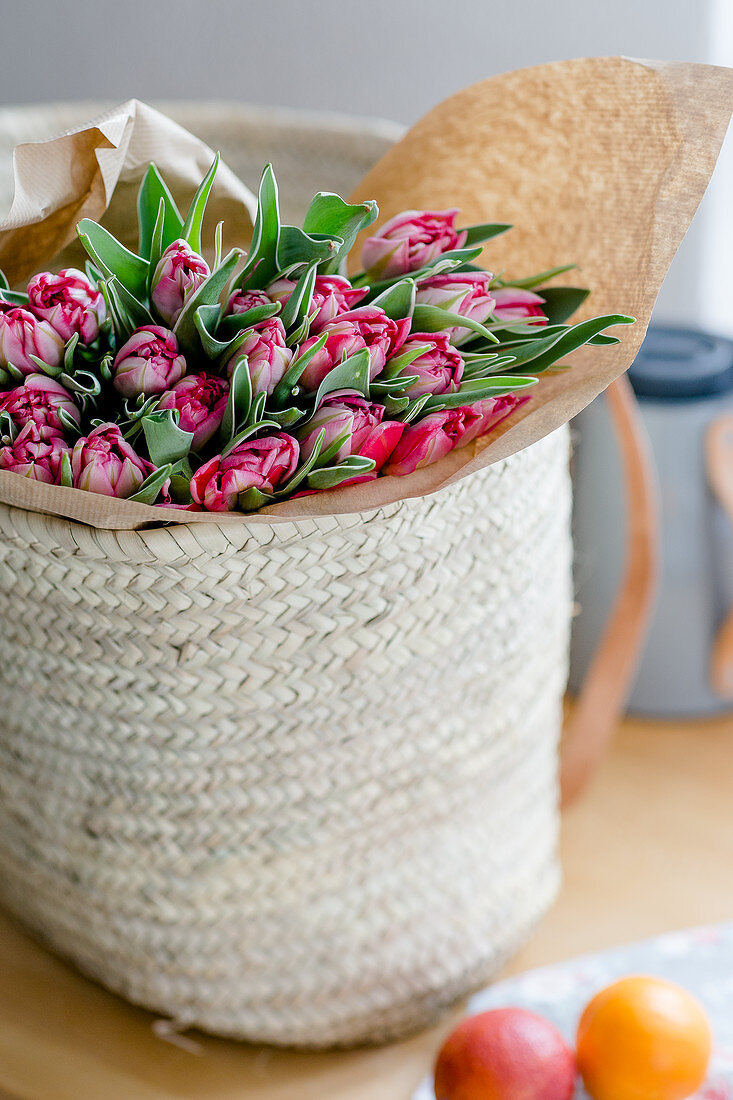 Bouquet of tulips wrapped in paper