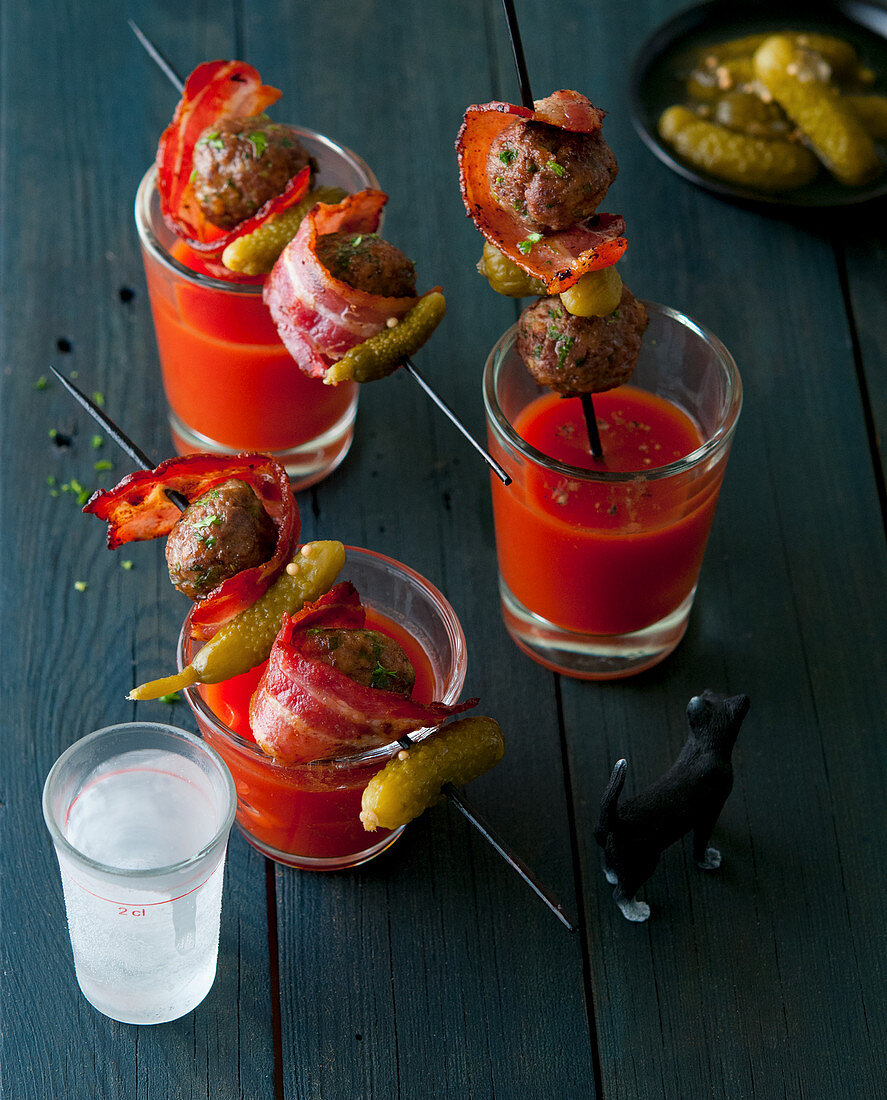 Bloody Mary's with meatballs on sticks