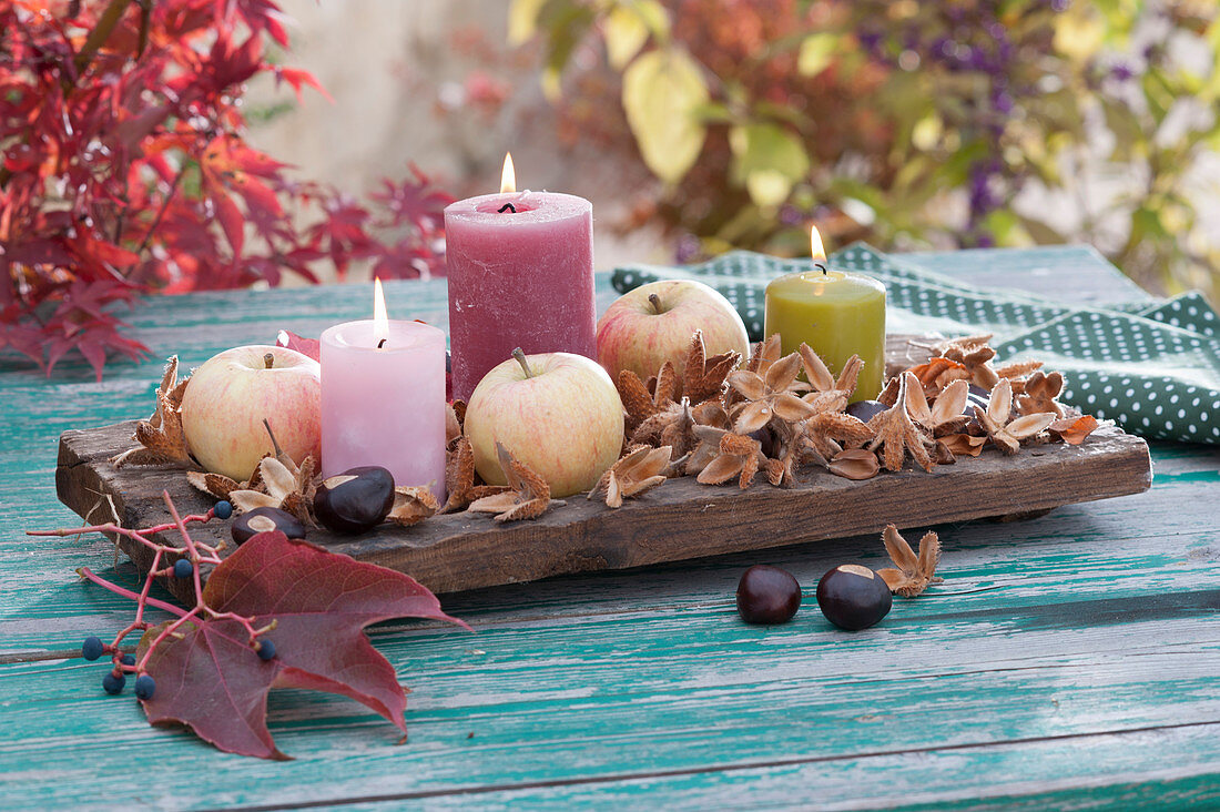 Herbstliche Tischdeko mit Kerzen, Äpfeln, Bucheckernhüllen und Kastanien