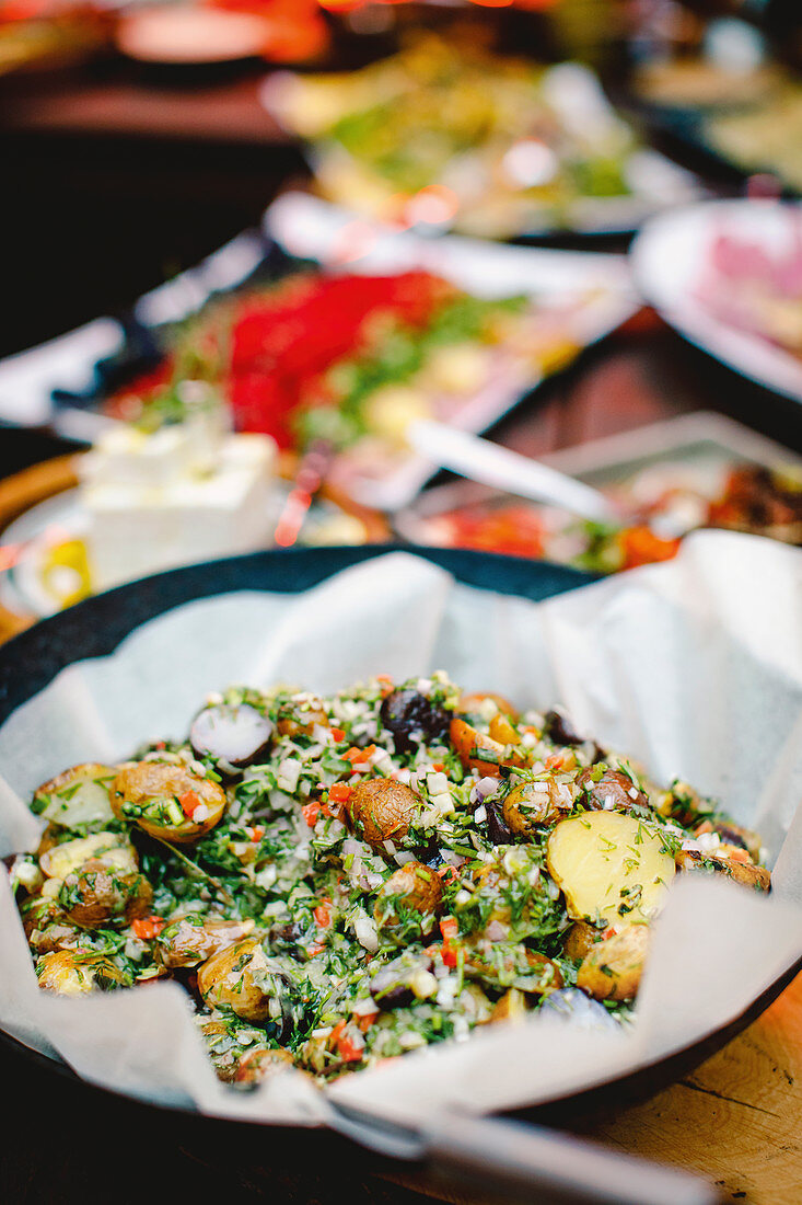 Colourful potato salad with a honey and mustard dressing