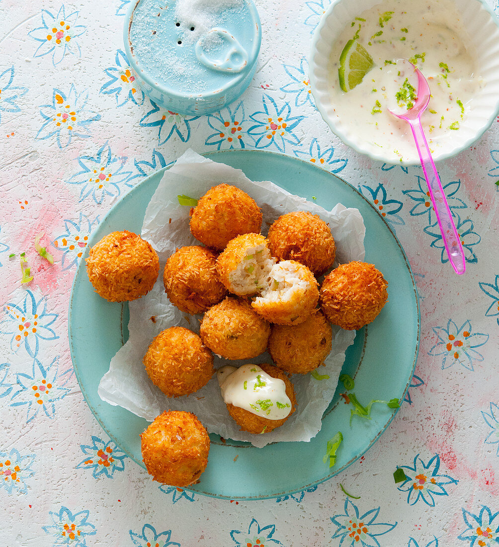 Coconut tofu balls in a crispy coating with a lime dip