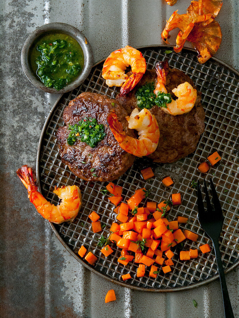 Surf & Turf with meatballs, prawns and sweet potatoes