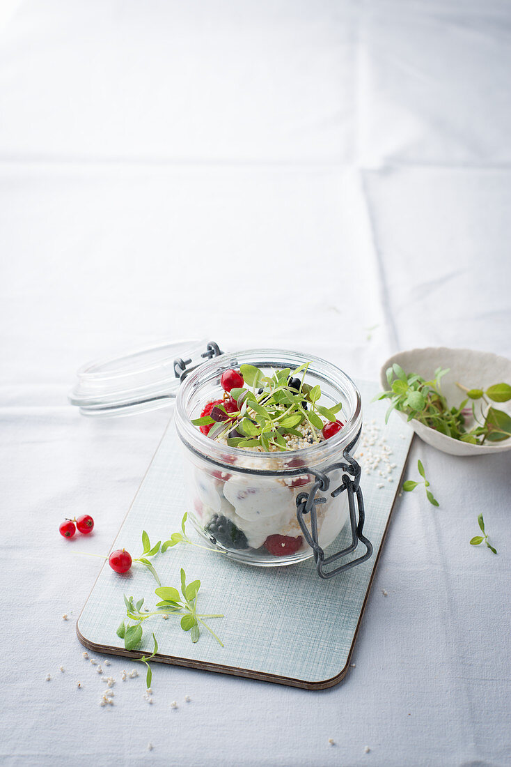 Breakfast quark with microgreens in a jar