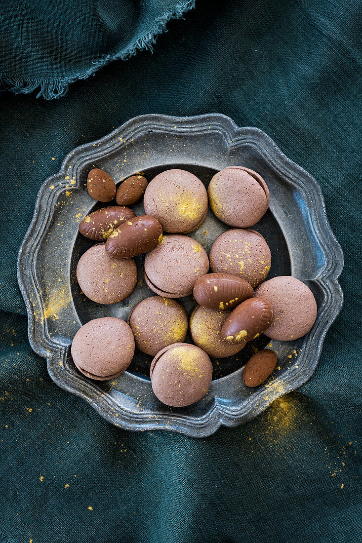 Austrian Whoopie Pies with chocolate eggs on plate