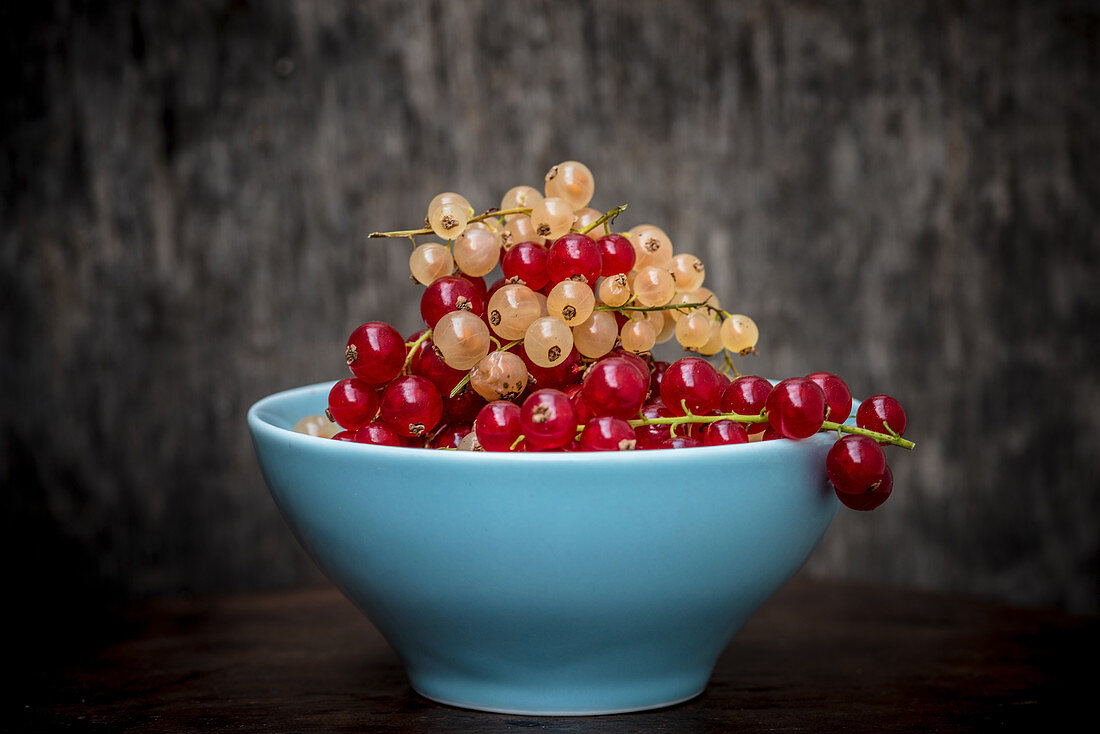 Rote und weiße Johannisbeeren in Schälchen