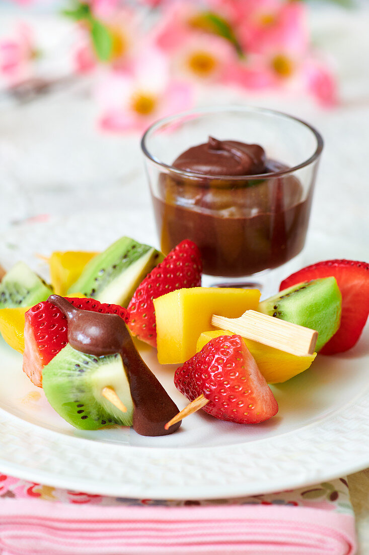 Fruit Kebabs with chocolate sauce