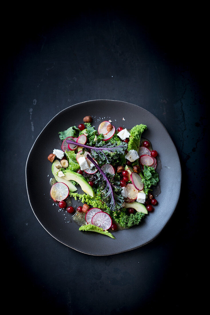 Kale salad with avocado and radishes