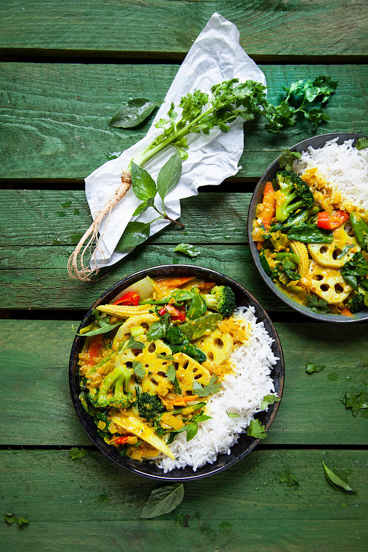 Yellow vegetable curry with lotus roots and Basmati rice