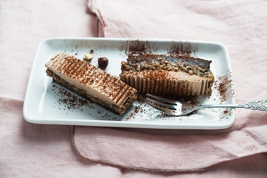 Vegan chocolate cake with sunflower seeds, hazelnut caramel and chocolate cream